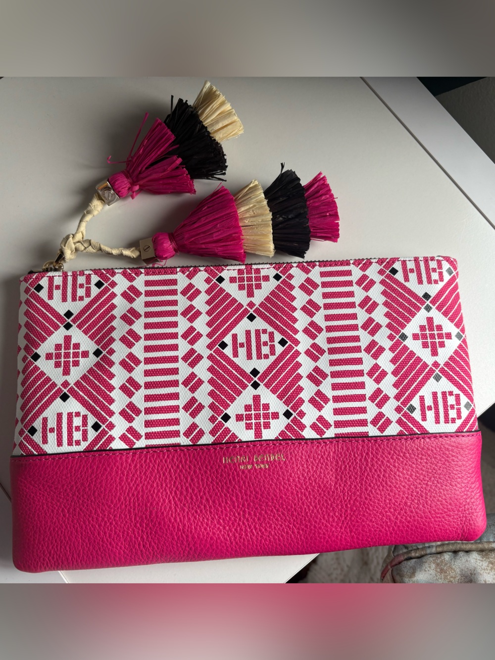 Henri Bendel Leather Pink Patterned Wristlet Clutch with Tassel Charm NWT